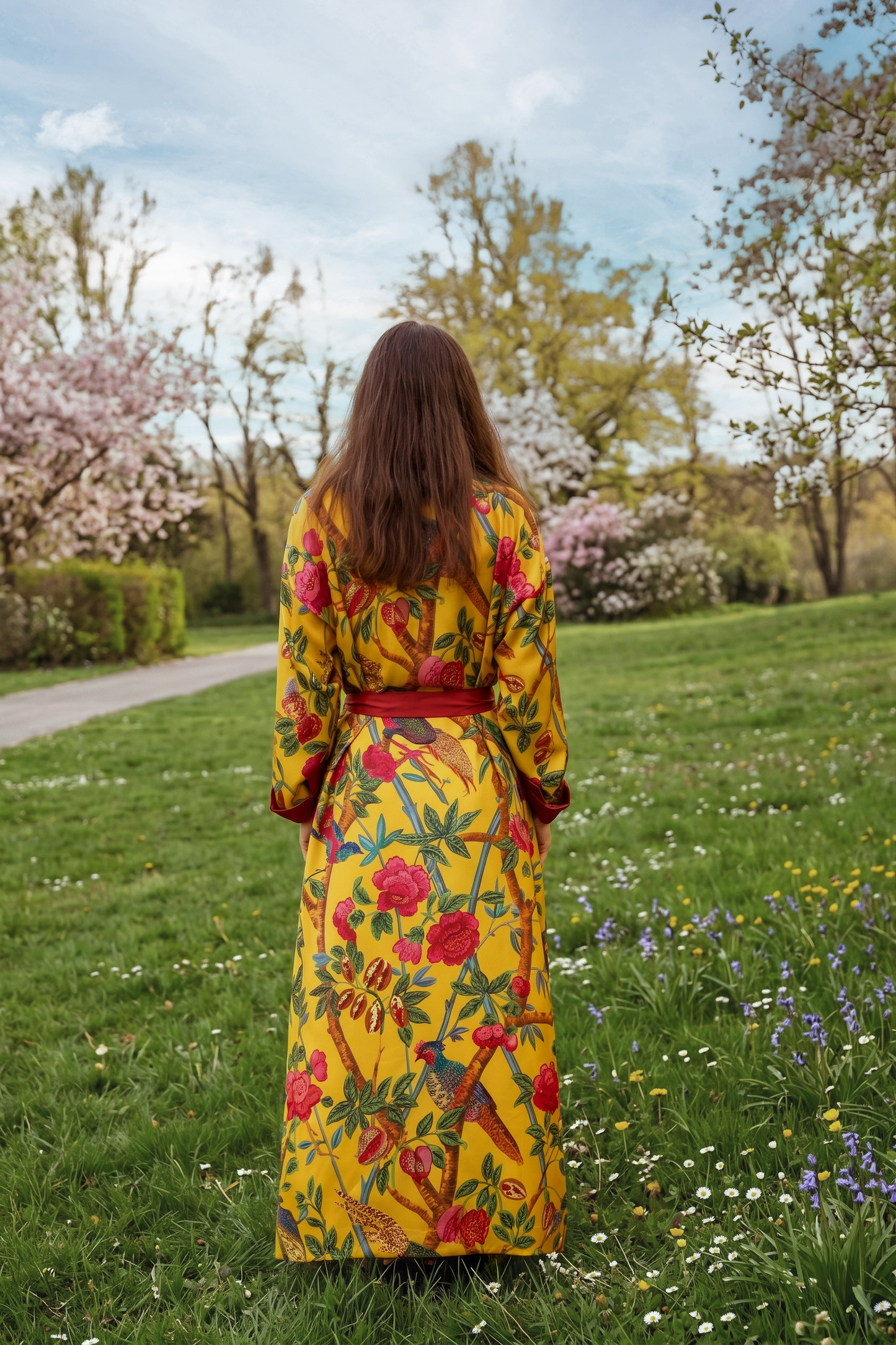 The Emperor's Pheasant Robe - Silk Satin Twill